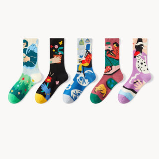 5 Pair set cartoon color trend all season socks for men & women