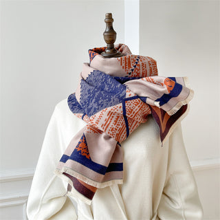 Soft Cotton-Blend Double-Sided Printed Geometric Design Winter Shawl
