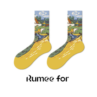 Men's and women's long tube oil painting socks
