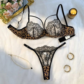 Sexy Leopard Print Mesh Lingerie Bra and Panty Set - Onyx