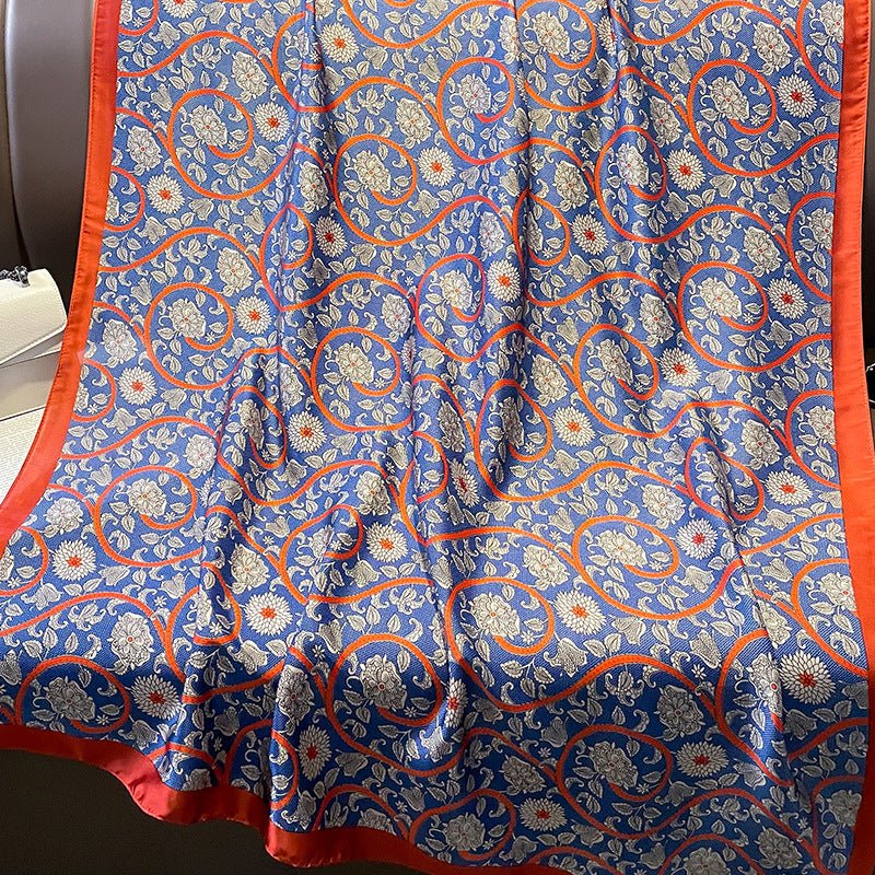 Vintage Royal Blue Floral Design Women's Satin Silk Scarves