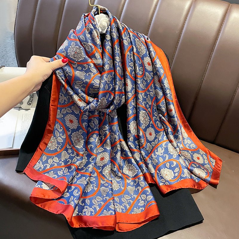 Vintage Royal Blue Floral Design Women's Satin Silk Scarves