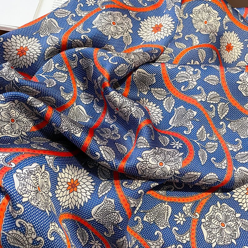 Vintage Royal Blue Floral Design Women's Satin Silk Scarves