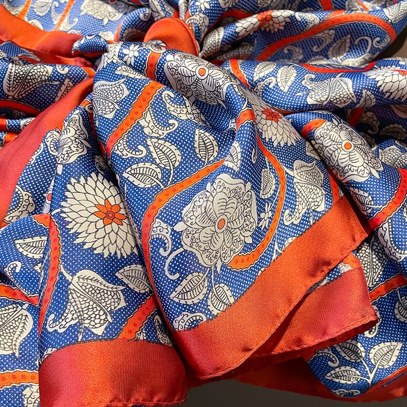 Vintage Royal Blue Floral Design Women's Satin Silk Scarves