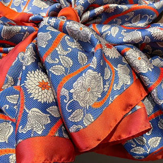 Vintage Royal Blue Floral Design Women's Satin Silk Scarves