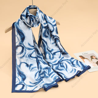 Aqua Blue Oil Painted Design Beautiful Wave Satin Silk Scarf