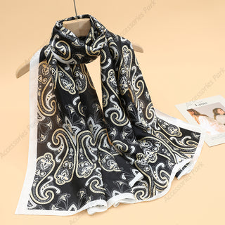 Gorgeous Black Floral Paisley Pattern Printed Satin Silk Scarf