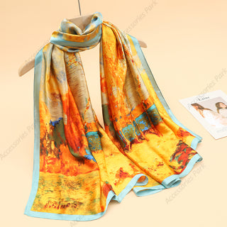 Colorful Oil Painted Design Printed Satin Silk Scarf for Women