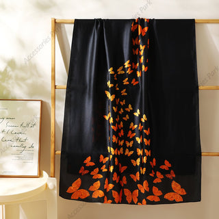 Spring and Summer, Butterfly Printed Black Satin Silk Scarf