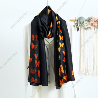 Spring and Summer, Butterfly Printed Black Satin Silk Scarf