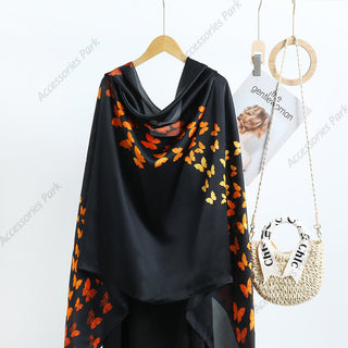 Spring and Summer, Butterfly Printed Black Satin Silk Scarf
