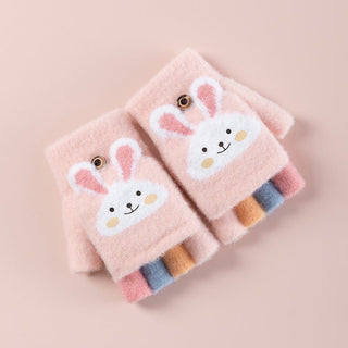 Baby's Cute Cartoon Design Thick Fleece Half Finger Flip Gloves