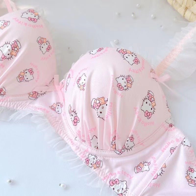 Soft Cute Hello Kitty Japanese Girl Thin Sweet Lace Anti Sagging Lingerie Set