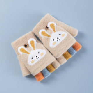 Baby's Cute Cartoon Design Thick Fleece Half Finger Flip Gloves
