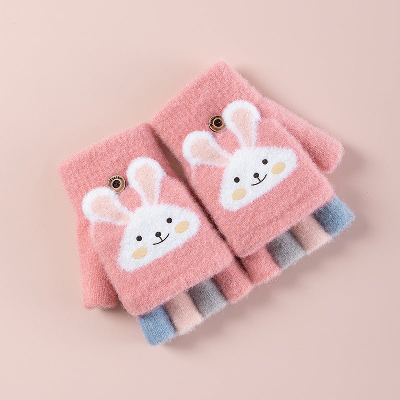 Baby's Cute Cartoon Design Thick Fleece Half Finger Flip Gloves