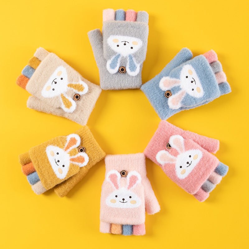 Baby's Cute Cartoon Design Thick Fleece Half Finger Flip Gloves