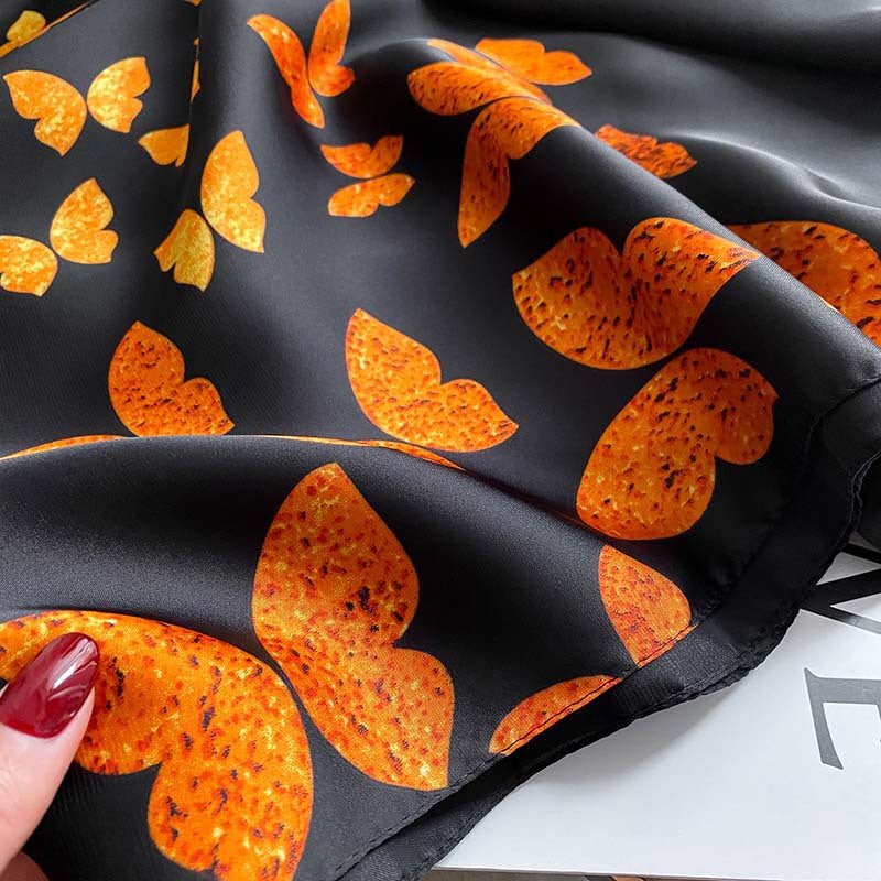 Spring and Summer, Butterfly Printed Black Satin Silk Scarf