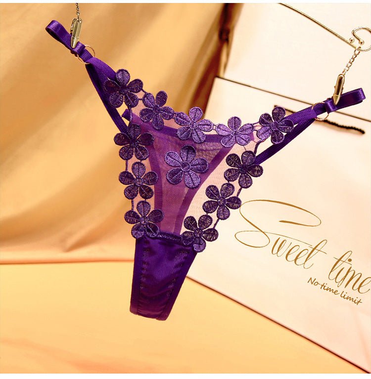 Flower Embroidery Comfortable Adjustable Straps Metal Buckle Design Thong  Panties