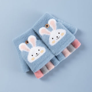 Baby's Cute Cartoon Design Thick Fleece Half Finger Flip Gloves