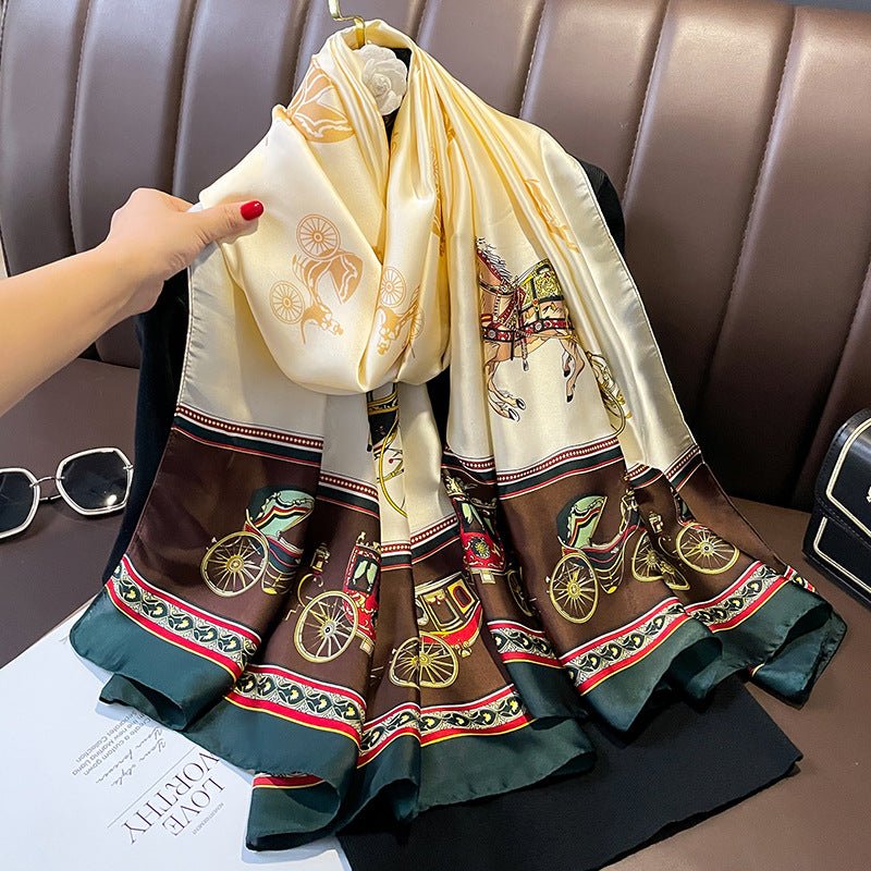 Women's Fashion, Retro Carriage Design Satin Silk Scarf