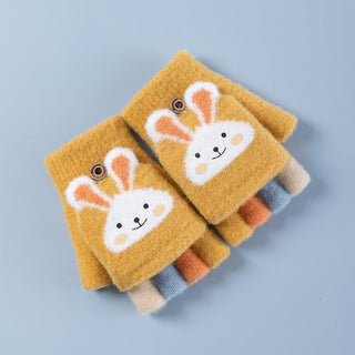 Baby's Cute Cartoon Design Thick Fleece Half Finger Flip Gloves
