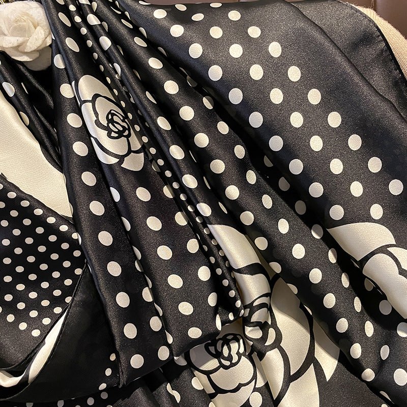 Fashionable Polka Dot and Flower Design Satin Silk Scarf