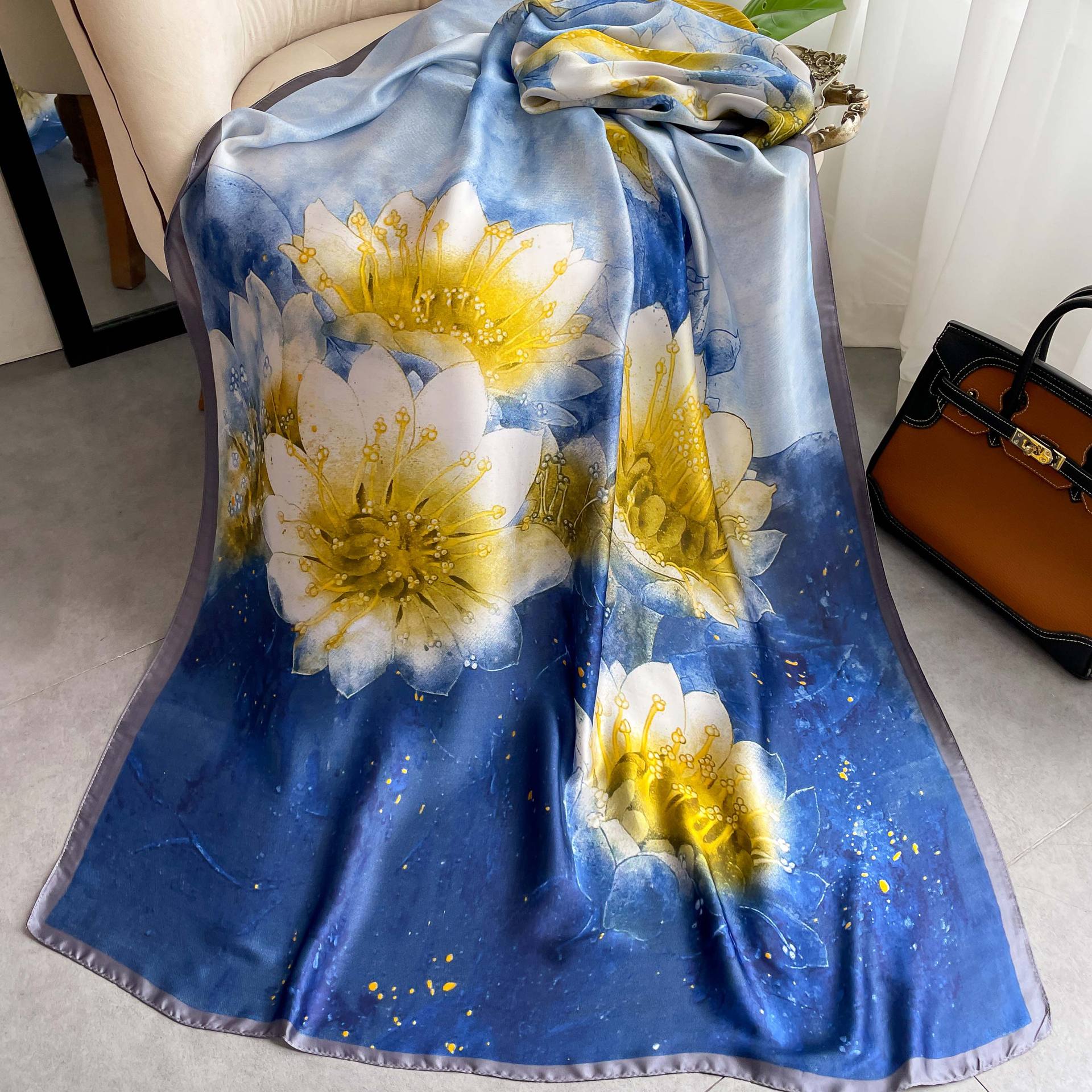 Water Bloom Floral Printed High Quality Satin Silk Scarves