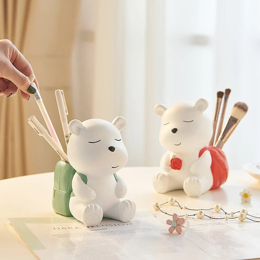 Creative White Bear Resin Animal Statue Pen Holder Makeup Brush Organizer Decor