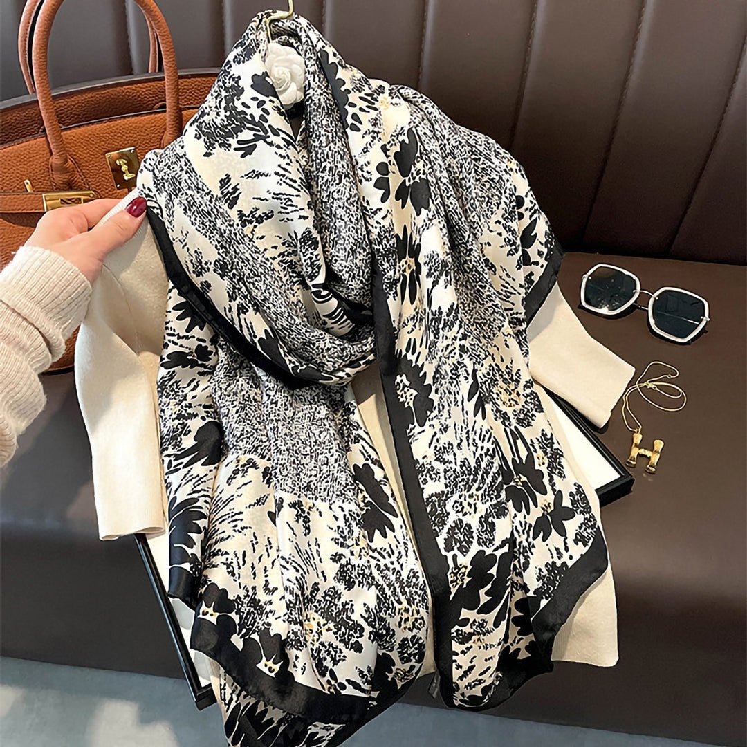 Milky White Retro Black Floral Design High Quality Satin Silk Scarves